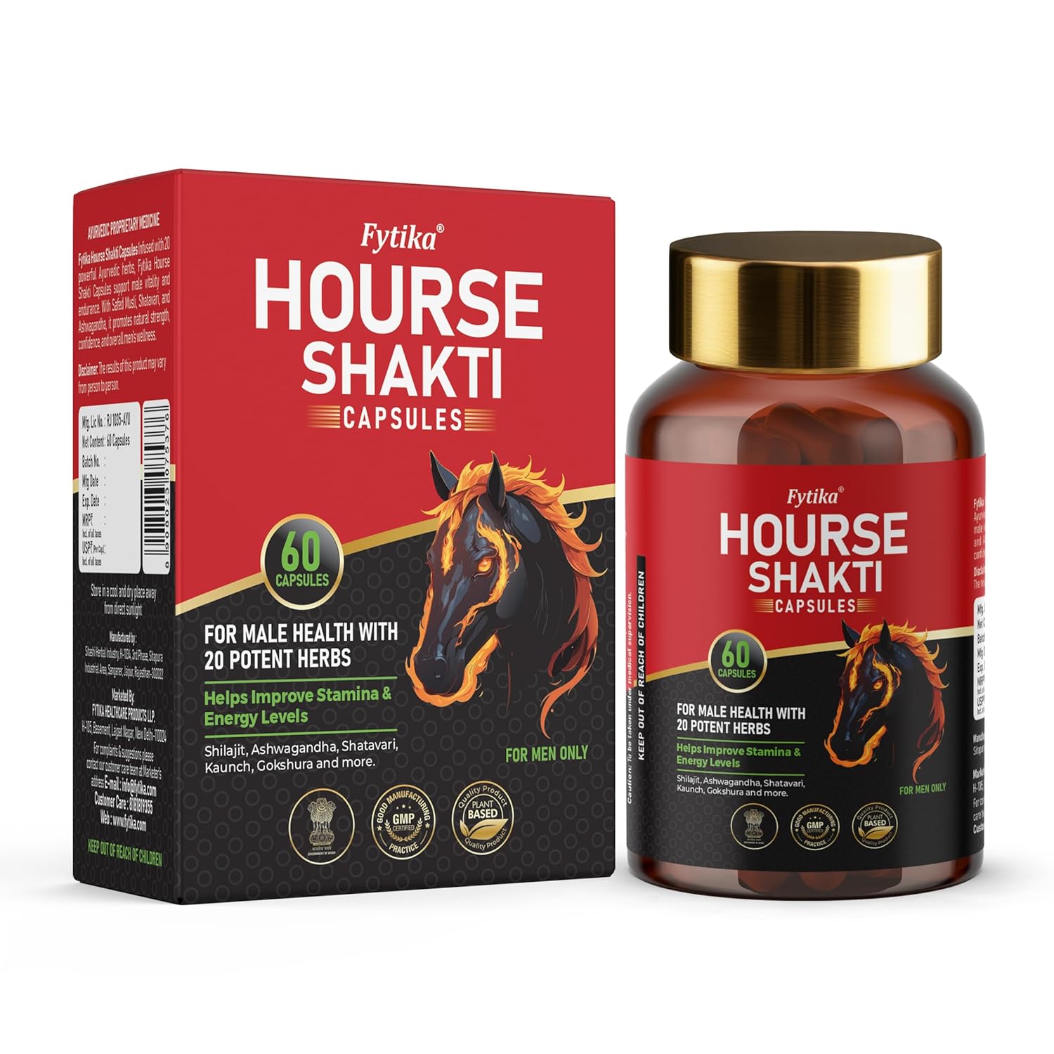 Fytika Horse Shakti capsules packaging with red and black design featuring a horse illustration.