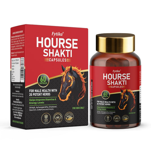 Fytika Horse Shakti capsules packaging with red and black design featuring a horse illustration.