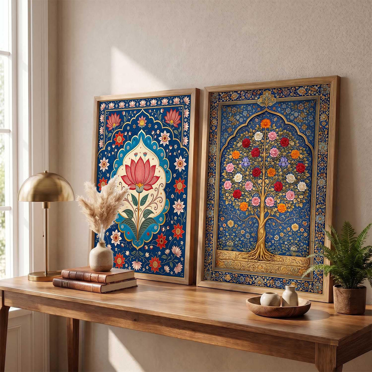 Decorative Indian Traditional Madhubani Wall Art Home Decor Painting poster With Frame For Living Room Bed Room Hotel Wall Decor Digital Reprint Set of 2 (13X17 inch)