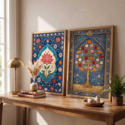 Decorative Indian Traditional Madhubani Wall Art Home Decor Painting poster With Frame For Living Room Bed Room Hotel Wall Decor Digital Reprint Set of 2 (13X17 inch)