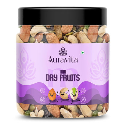 Auravita Mix Dry Fruit | Healthy Mixed Nuts and Seed with Almonds, Cashews, Dates, Pumpkin Seeds, Candied Amla | Reusable Jar Pack Of 1