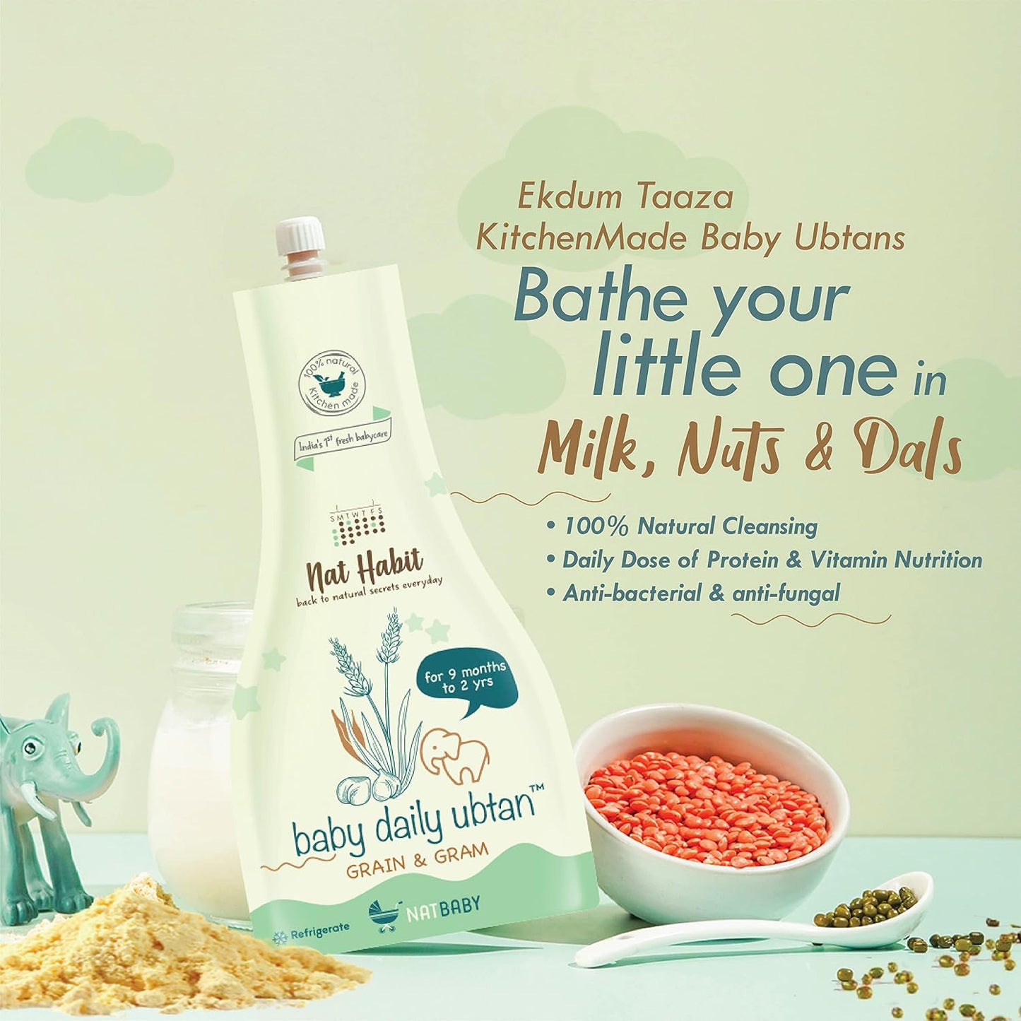 Nat Habit Baby Bath Ubtan with Grain & Gram | Gentle Daily Ubtan for 9 Months to 2 Years Old | Natural, Soap-Free Baby Body Wash | Head to Toe Wash for Babies & Kids | Chemical-Free & Safe, 80g