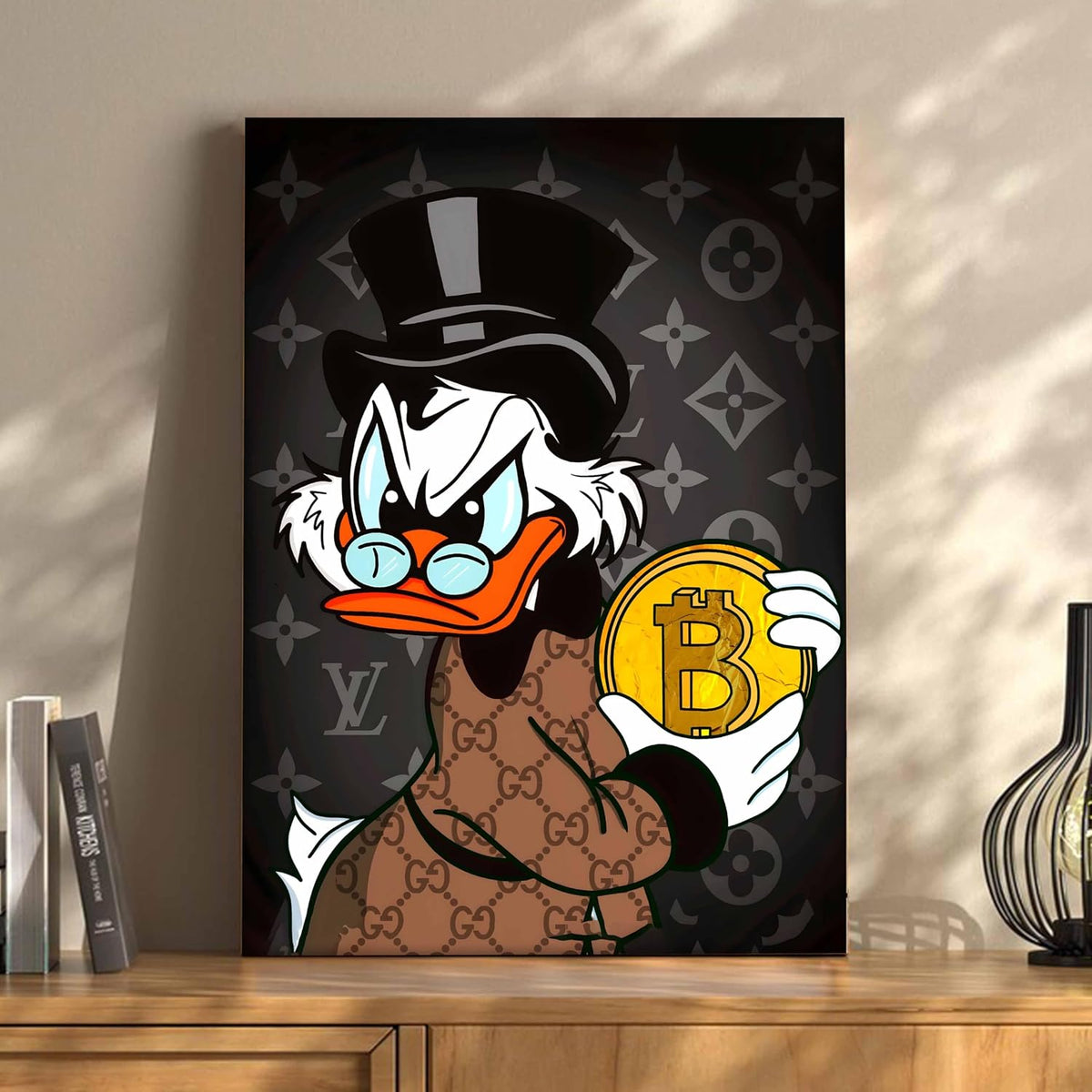 Luxury Money Duck Pop Art Canvas Wall Art Painting For Living Room | Cartoon Style Crypto Wealth Wall Art Painting | Modern Graffiti Artwork for Home & Office Décor, 41x56 cm