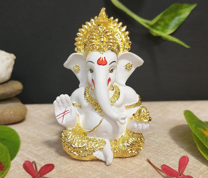 Gold Art India Gold Plated Ganesh Idol for Car Dashboard God Ganesha Idol for Home Decor Ganpati for Gift Home Office Table Shelves Diwali Gifting 3.5 Inches Gold White Mukut