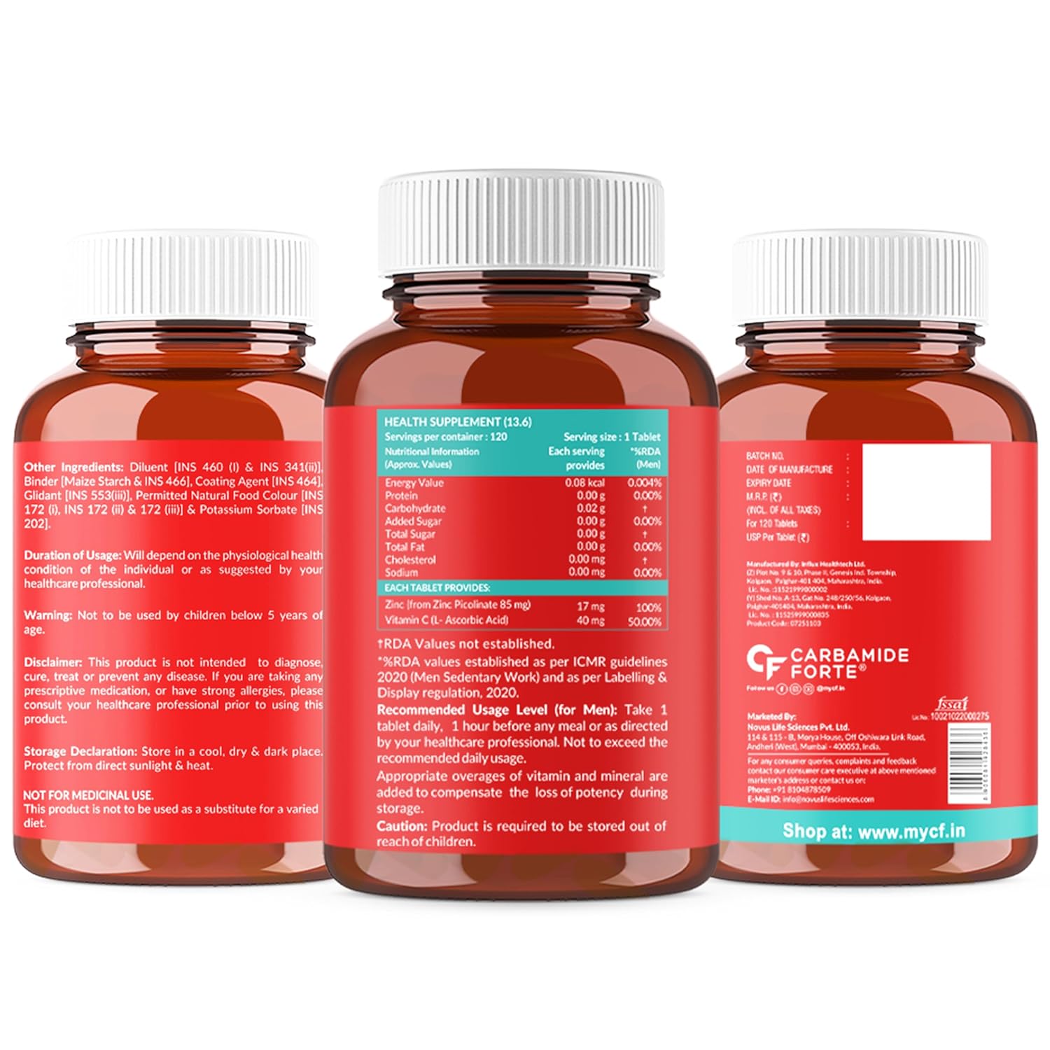 Three supplement bottles with red labels on a white background