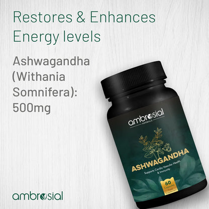 Black bottle of Ashwagandha supplement with green label on a light wooden background
