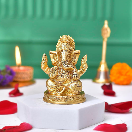 Brass Ganesha Ganpati Idol Murti Statue for Home Dcor Pooja Room Small Ganesha for Office Desk Brass Ganpati Return Diwali Housewarming Gift(2.6 Inch Height)