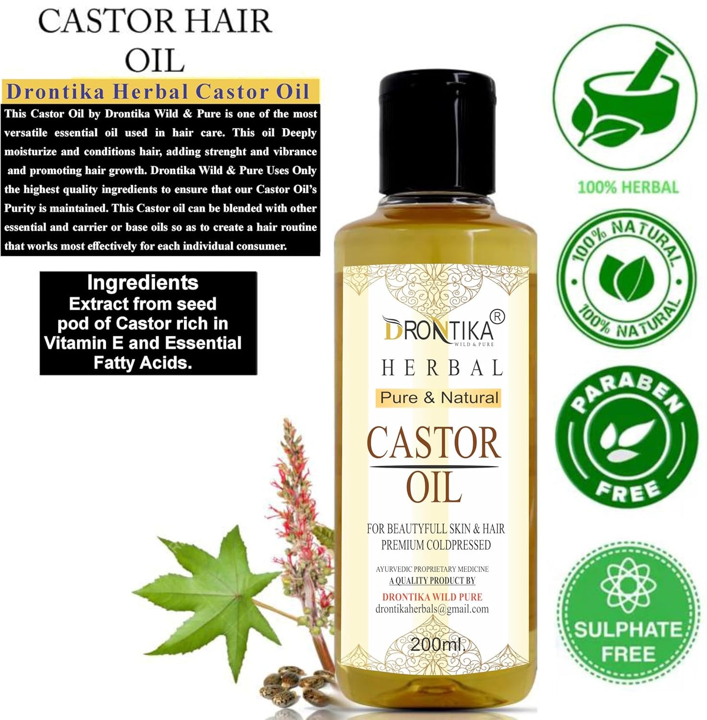 Drontika Herbal Castor Oil bottle with labels indicating natural, paraben-free, and sulfate-free properties.