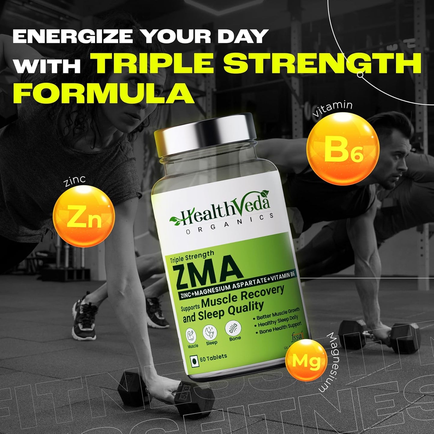 Zephivo HEALTH VEDA ORGANICS PRIVATE LIMITED Zma (Zinc, Magnesium Aspartate & Vitamin B6) | Nighttime Muscle Recovery Supplements For Improved Muscle Strength | For Both Men & Women | 60 Veg Tablets