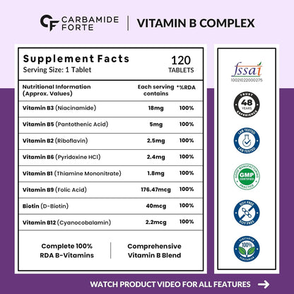 Carbamide Forte Vitamin B-Complex Tablets - 100% RDA for B Vitamins with B1, B2, B3, B5, B6, B9 & Vitamin B12 | Vitamin B Complex Supplements for Women & Men - 120 Vegetarian Tablets