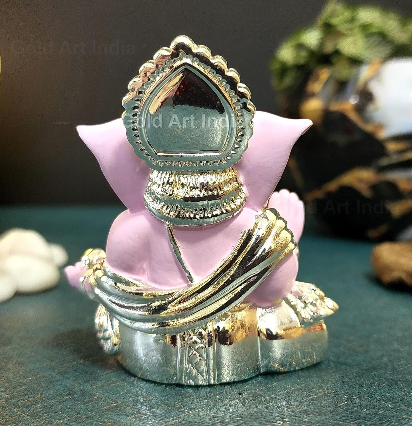 Gold Art India Silver Pink Plated Gaddi Ganesha for Car Dashboard Ganesha Murti Ganpati Idol for Home Decor Puja Lord Ganesh Statue Gift for Office Desk Puja Room Figurine