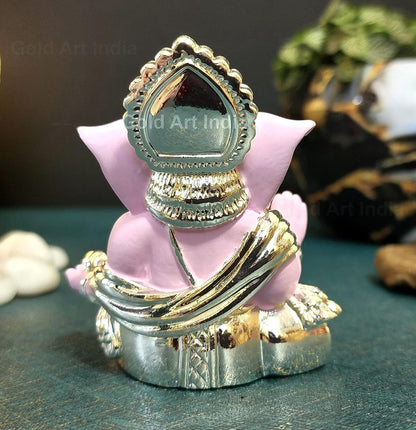 Gold Art India Silver Pink Plated Gaddi Ganesha for Car Dashboard Ganesha Murti Ganpati Idol for Home Decor Puja Lord Ganesh Statue Gift for Office Desk Puja Room Figurine