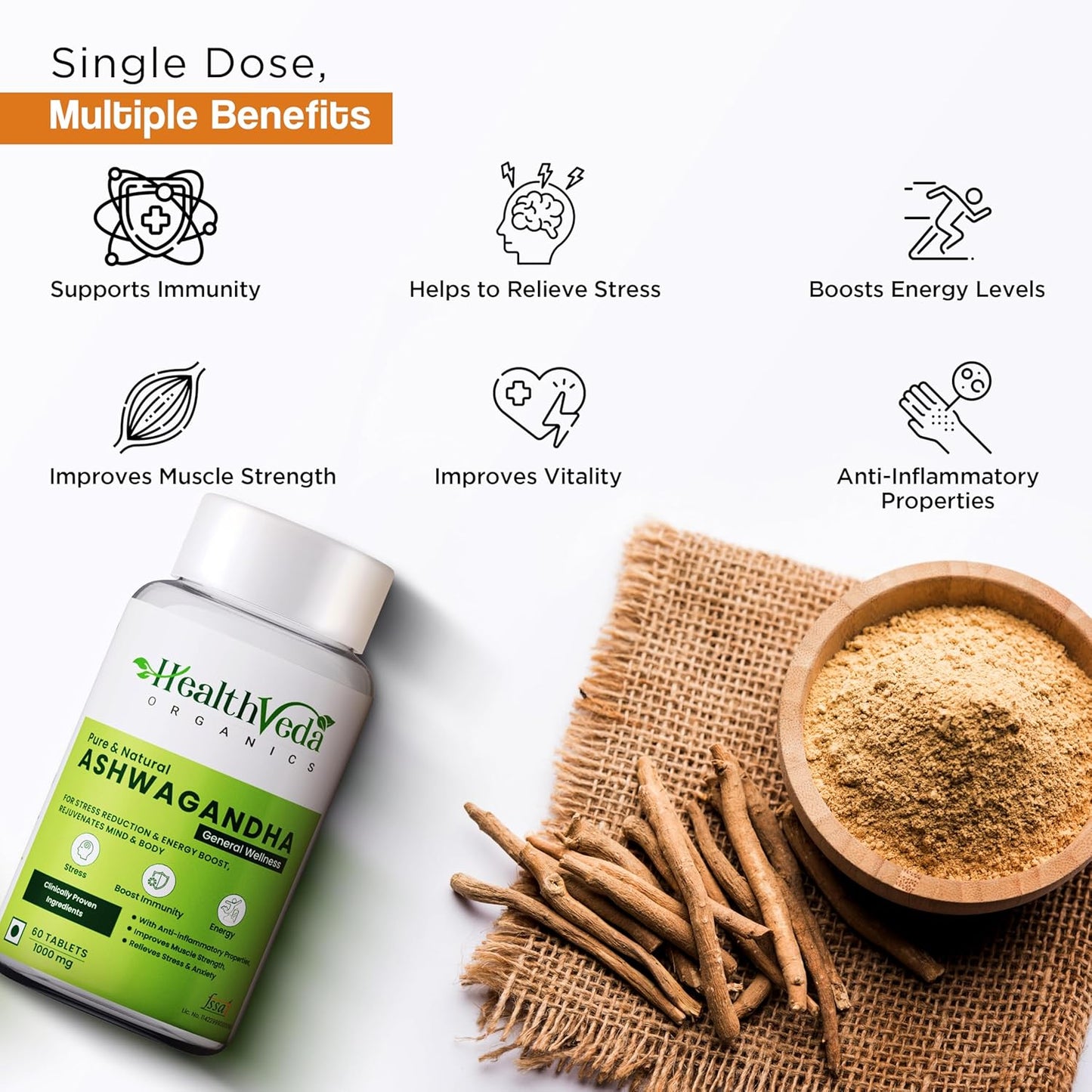 Zephivo HEALTH VEDA ORGANICS PRIVATE LIMITED Ashwagandha 1000Mg | High Strength Potent Formula | Boosts Immunity & Energy | Rejuvenates Mind & Body | 60 Veg Tablets | For Both Men & Women