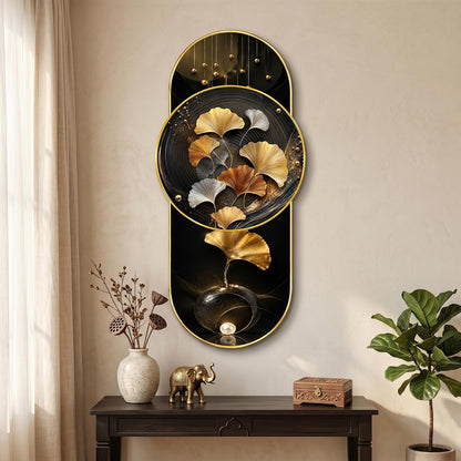 Luxury Ginkgo Leaf Wall Painting for Living Room, Bedroom & Hallway Decor, Black Gold Abstract Floral Artwork with Premium PVC Golden Frame (16 x 35 Inch)