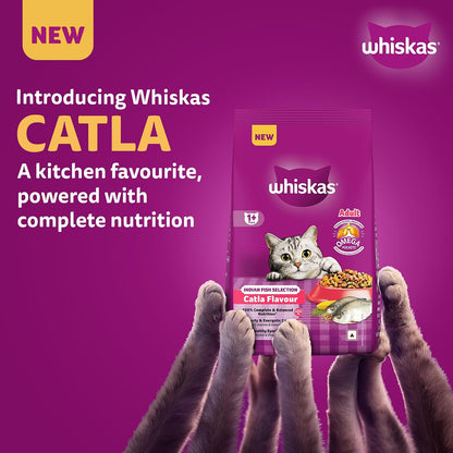 Whiskas Adult (1+ Years) Dry Cat Food, Catla Fish Flavour, 1.2 kg, Powered with 40 Essential Nutrients, Complete & Balanced Nutrition for Adult Cats