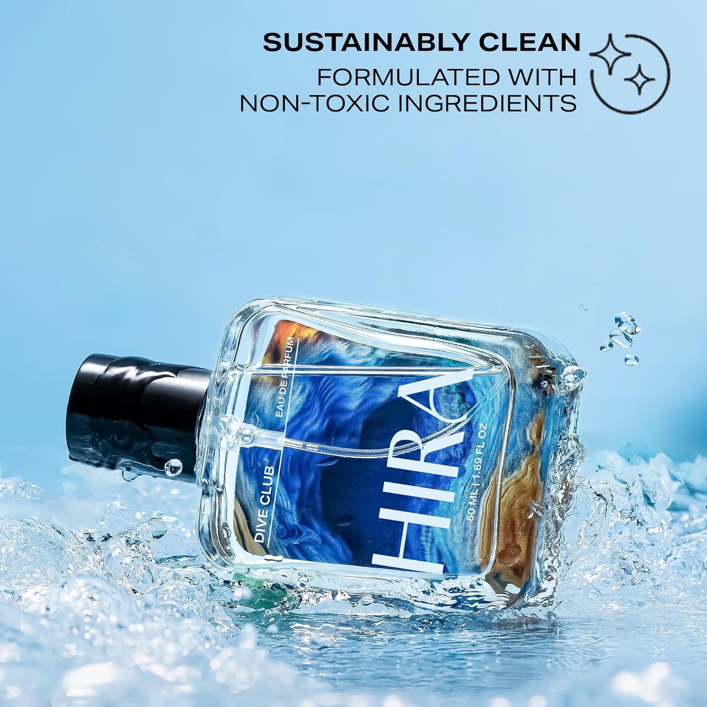 HIRA perfume bottle with water droplets and 'Sustainably Clean' text on a blue background
