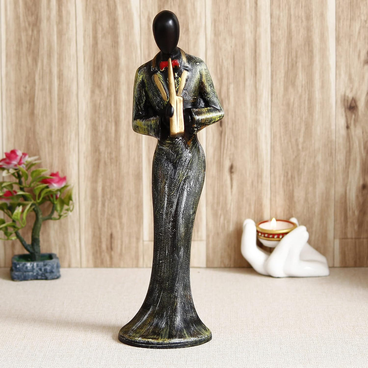 Resin Woman Playing Wind Musical Instrument Showpiece for Home Decor Living Room Bedroom Office Desk Table TV Unit | Womens Day Gift for Ladies | Housewarming Birthday Gift for Women
