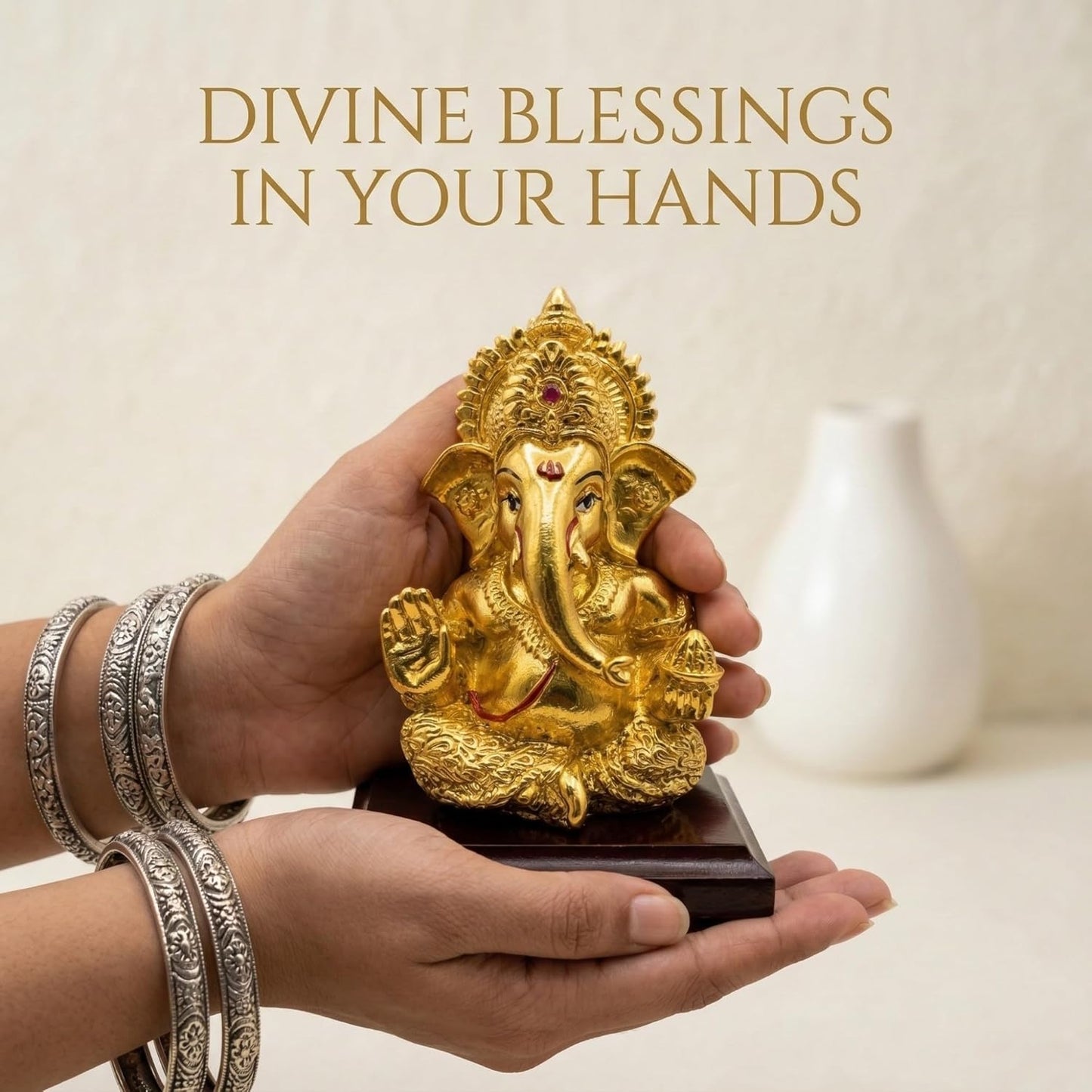Dev Aastha 24K Gold Plated Ganesha Idol - 4 Inch Divine Seated Ganpati Statue on Premium Wooden Base - Auspicious Vastu Home Decor and Spiritual Gift with Anti-Tarnish Finish
