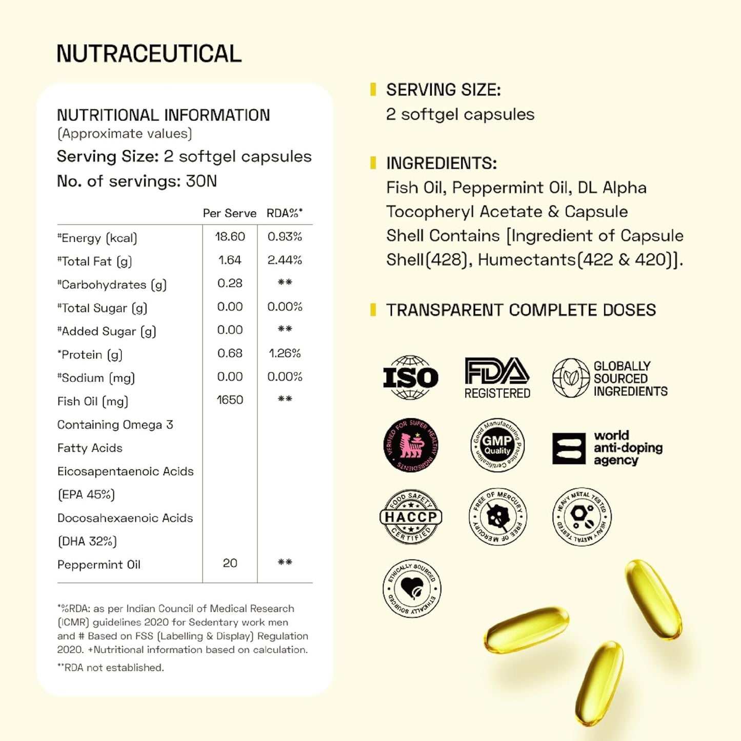 Ace Blend Outshine Omega 3 Fish Oil Capsules (60 Softgels) | 1650 Mg with 743 EPA & 528 DHA | 2 capsules for 4X Strength | No Fishy Burps | Supports Heart, Brain, Joints, Eye Health