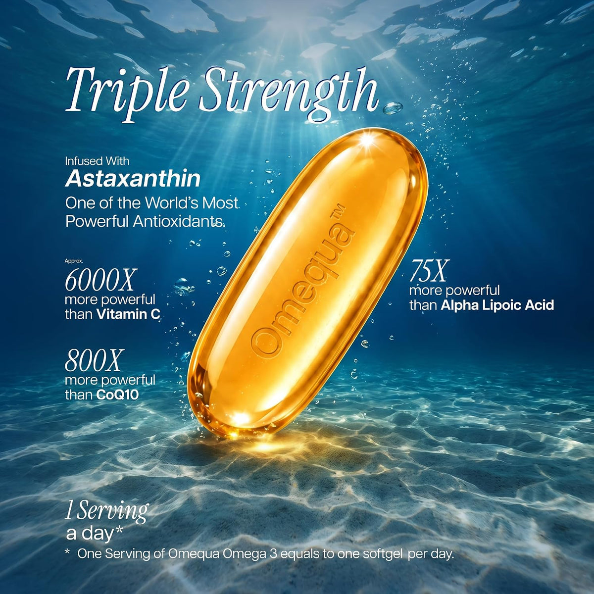Omequa Omega 3 Fish Oil 1250 mg (Triple Strength) – 30 Softgels | EPA 540 mg DHA 360 mg | Triglyceride Form | With Astaxanthin, Vitamin D3 & E | Lab Tested Omega 3 Supplement