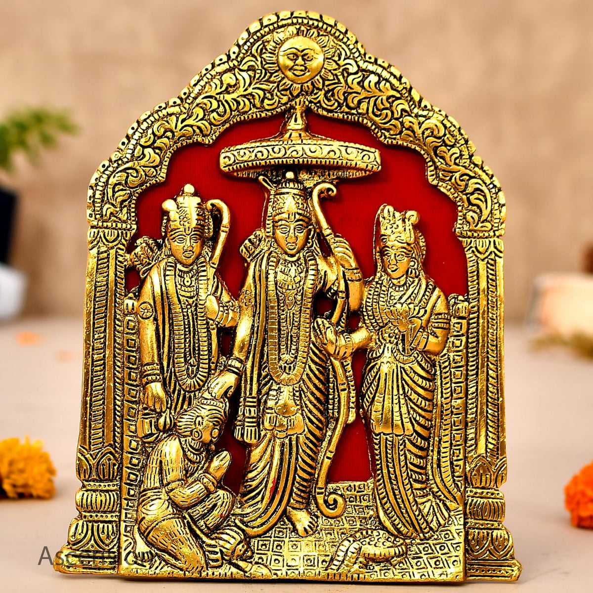 Metal Plated Ram Darbar Wall Hanging and Table Top Lord Ram, Laxman, Sita & Hanuman Showpiece Idol Statue for Home Decor Office Pooja Room Article Decorative Showpiece