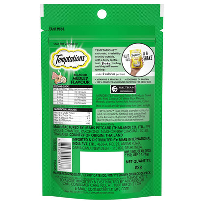 Temptations Crunchy Cat Treats, Seafood Medley Flavour, 85 g, Goodness of Protein, Vitamins & Minerals, Soft Inside Crunchy Outside, Adult, Chunk