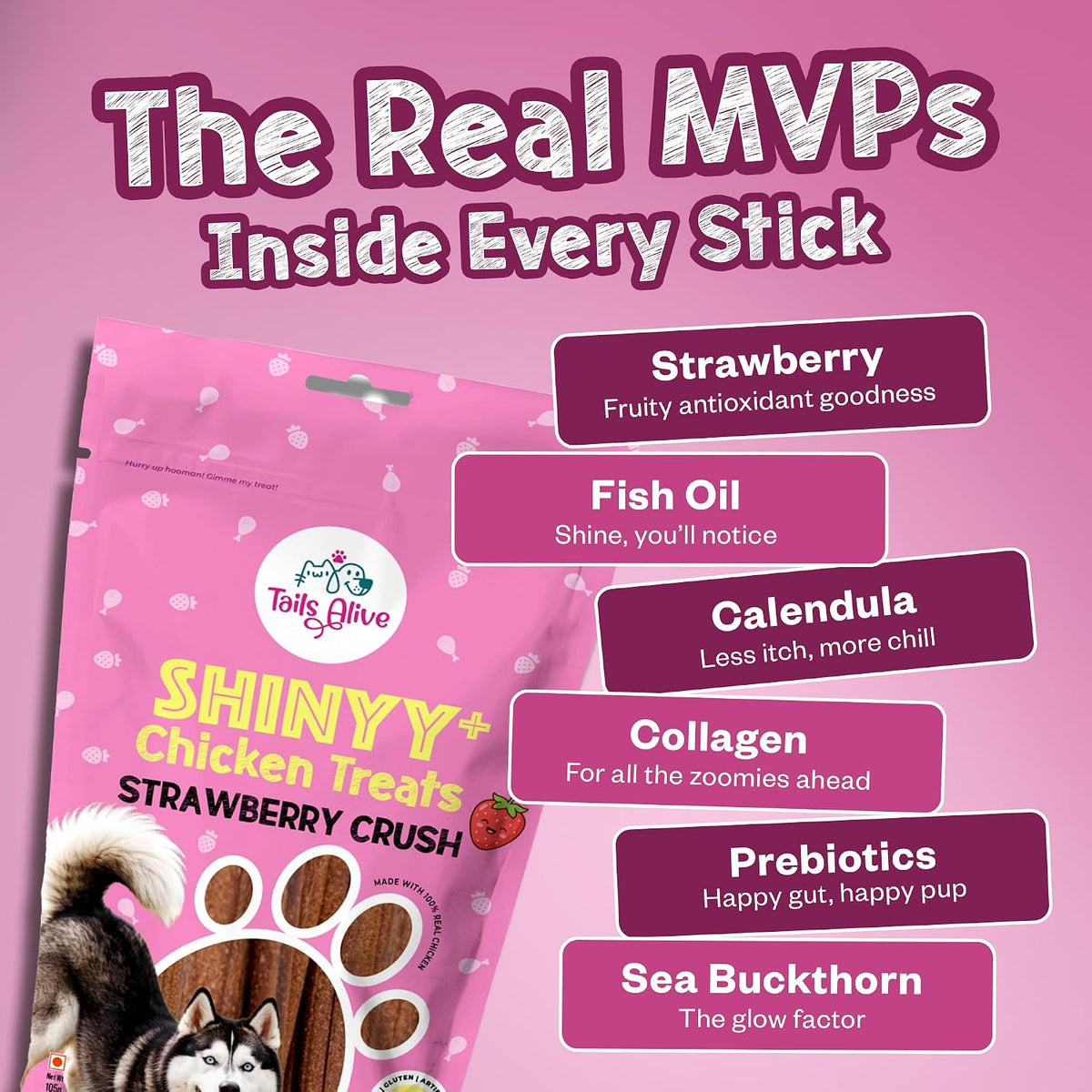 TailsAlive Shinyy+ Treats for Dogs | Skin & Coat Support | No Added Sugar | Fish Oil, Sea Buckthorn & Collagen | Strawberry Crush | 100g
