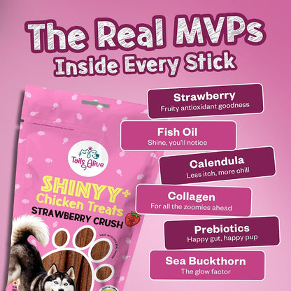 TailsAlive Shinyy+ Treats for Dogs | Skin & Coat Support | No Added Sugar | Fish Oil, Sea Buckthorn & Collagen | Strawberry Crush | 100g