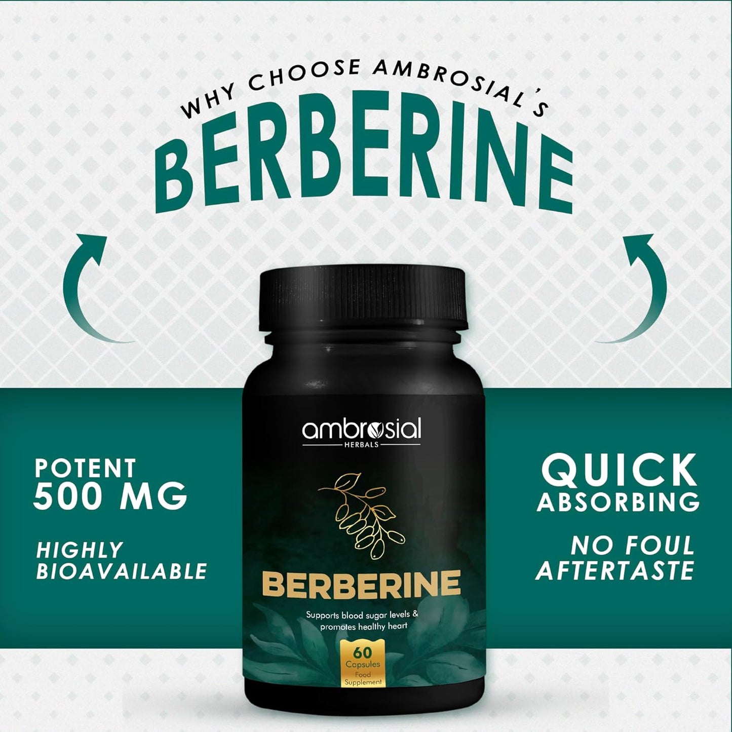 Ambrosial Berberine supplement bottle with promotional text on a white background