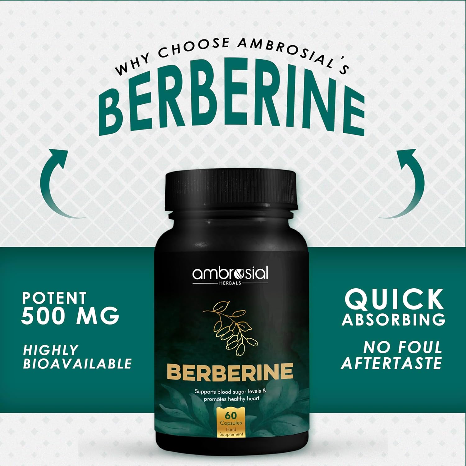 Ambrosial Berberine supplement bottle with promotional text on a white background