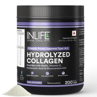 INLIFE Japanese Hydrolyzed Collagen Peptides Powder Clinically Proven Ingredient, Type 1 & 3, Skin Health, Bone Health Supplement for Men & Women (Unflavoured, Collagen, 200g)