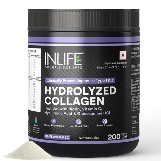 INLIFE Japanese Hydrolyzed Collagen Peptides Powder Clinically Proven Ingredient, Type 1 & 3, Skin Health, Bone Health Supplement for Men & Women (Unflavoured, Collagen, 200g)