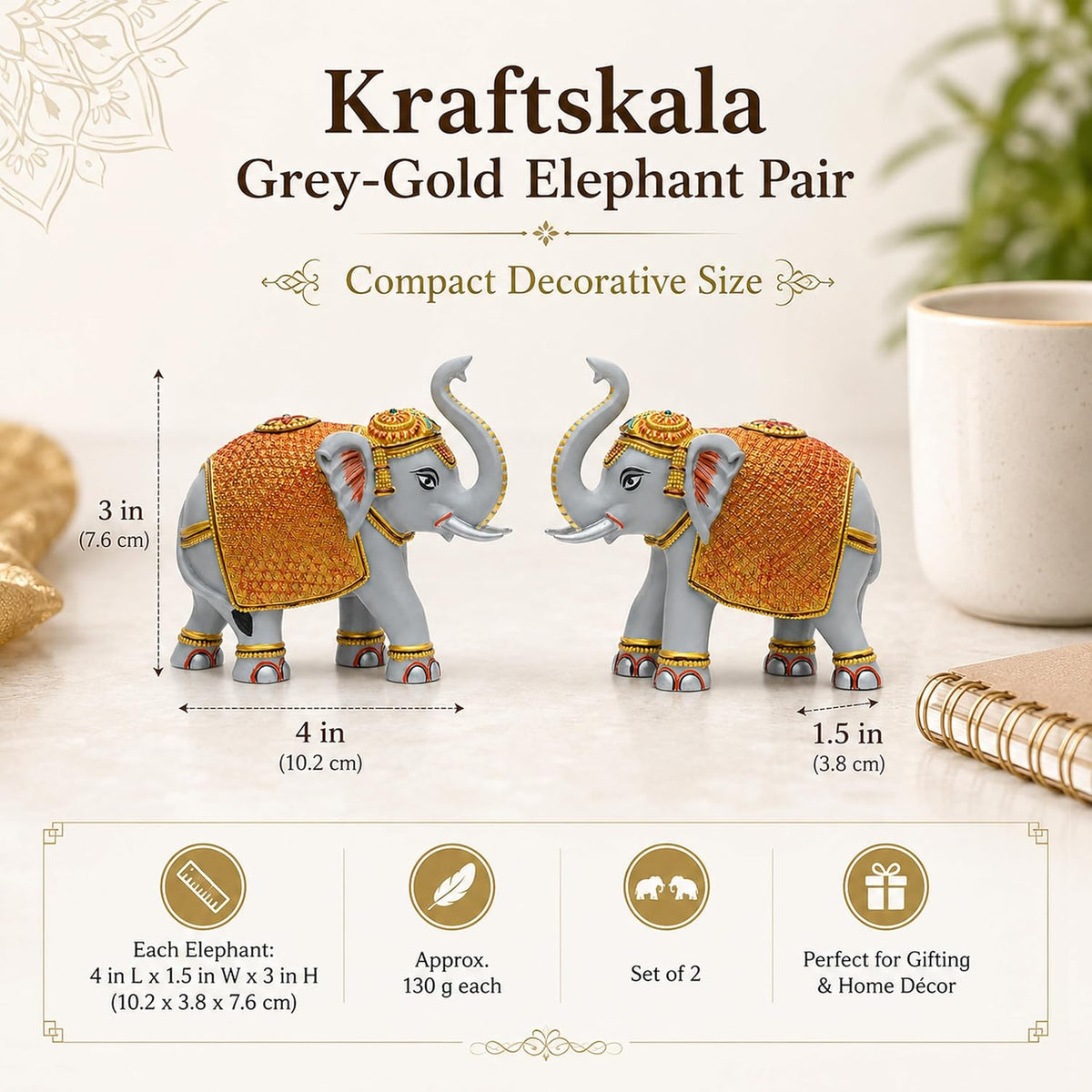 Grey Gold Mini Elephant Showpiece Pair, Car Dashboard, 3 Inch