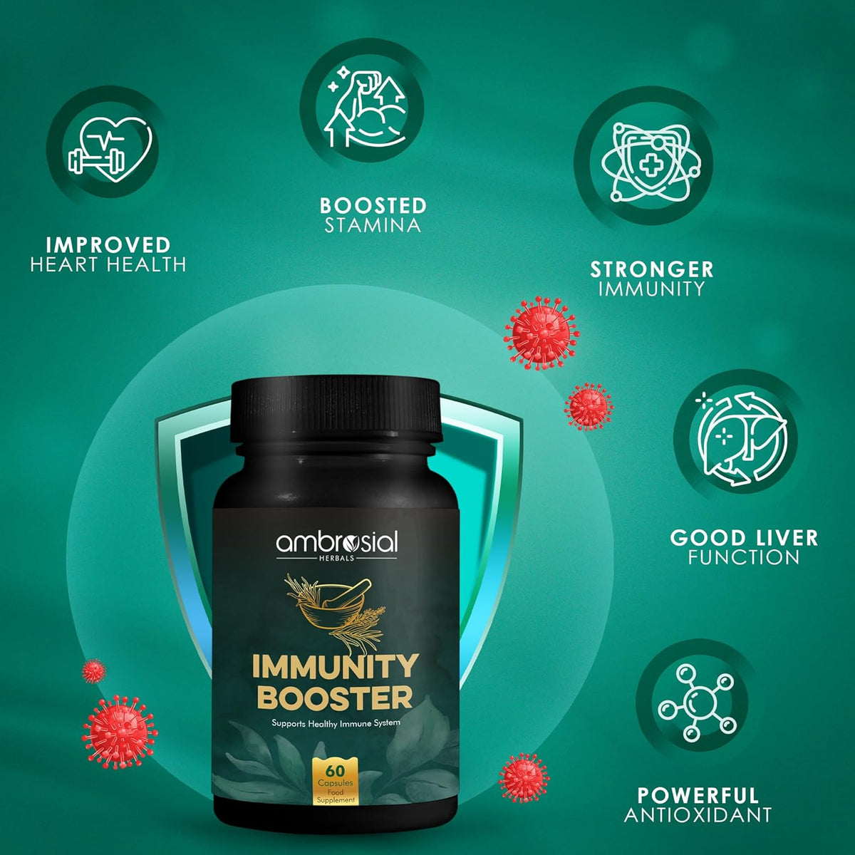 Immunity booster supplement bottle with health benefits on a green background