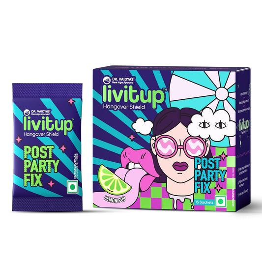 Dr. Vaidya's Livitup Post Party Fix | Hangover Relief & Liver Support | Helps Prevent Headache, Nausea & Acidity | With Sunthi, Ashwagandha & Taurine |15 Sachets (Pack of 1)