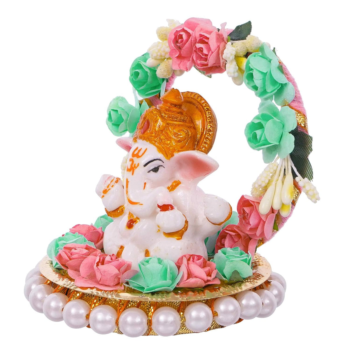 Lord Ganesha Idol on Decorative Handcrafted Plate with Throne of Pink and Green Flowers