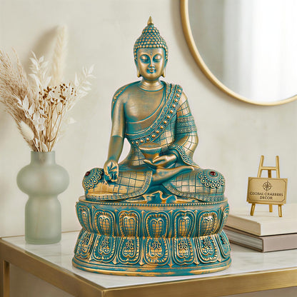 Buddha Statue Showpiece Idol Home Decor Items for Living Room and Gifts (Antique Golden Blue)