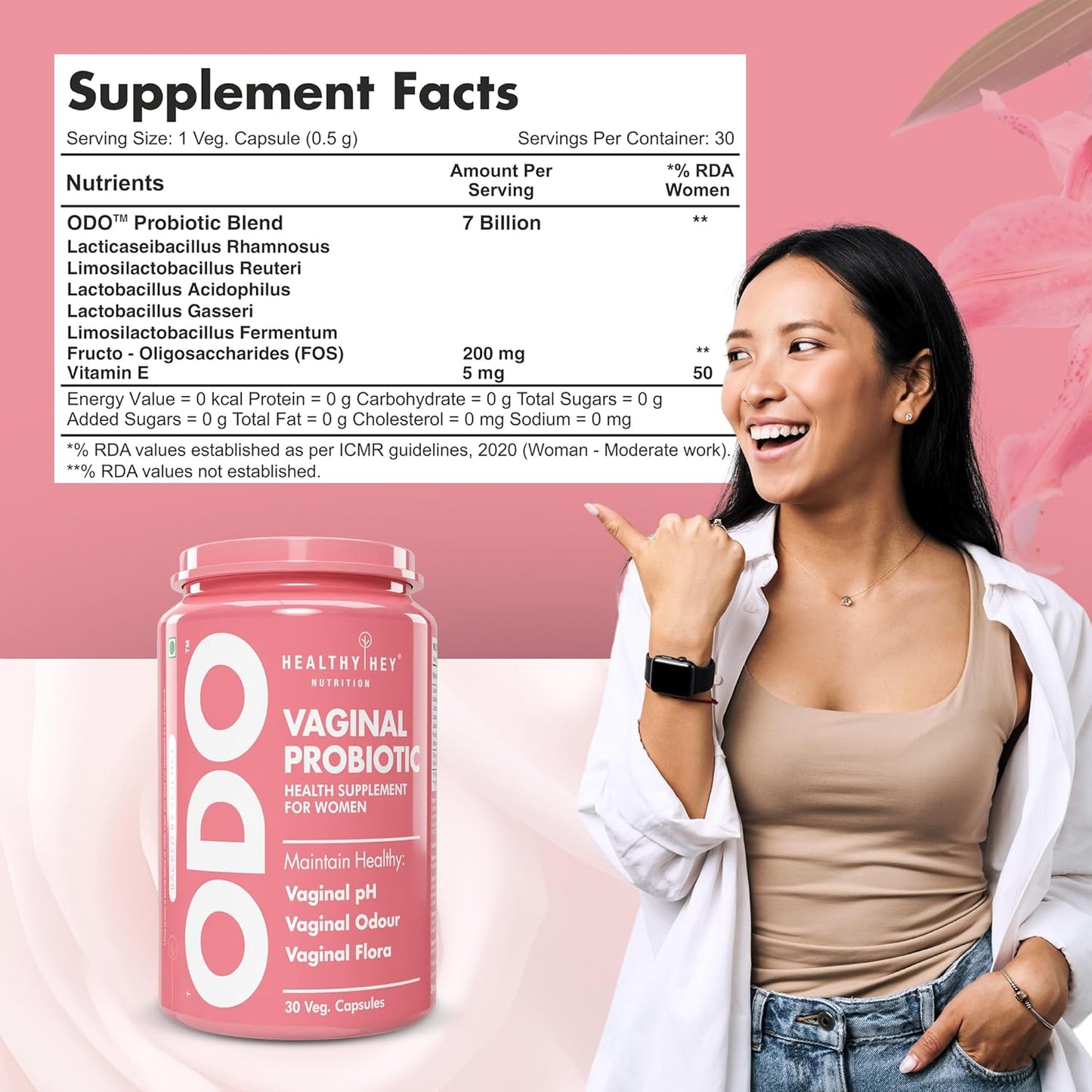 Woman pointing to a pink probiotic supplement container with supplement facts on a pink background