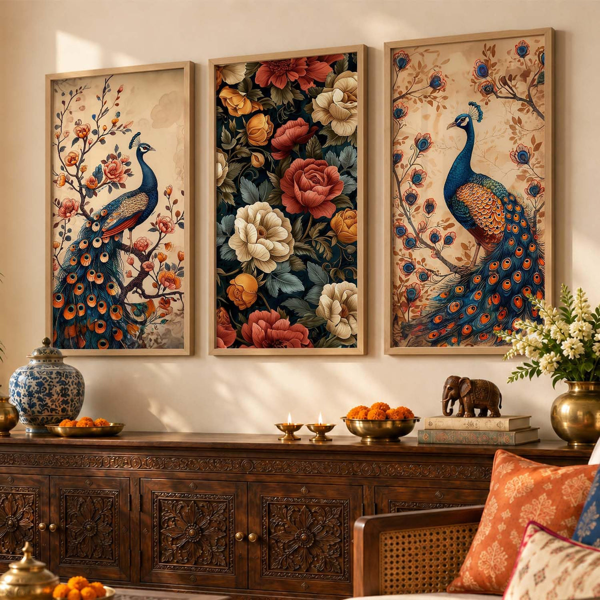 Indian Traditional Madhubani Big Size Art Home Decoration Wall Painting Art With Frame For Living Room Bed Room Hotel Wall DecorDigital Reprint Engineered Wood Set of 3 (1, 10x19 inch, Framed)