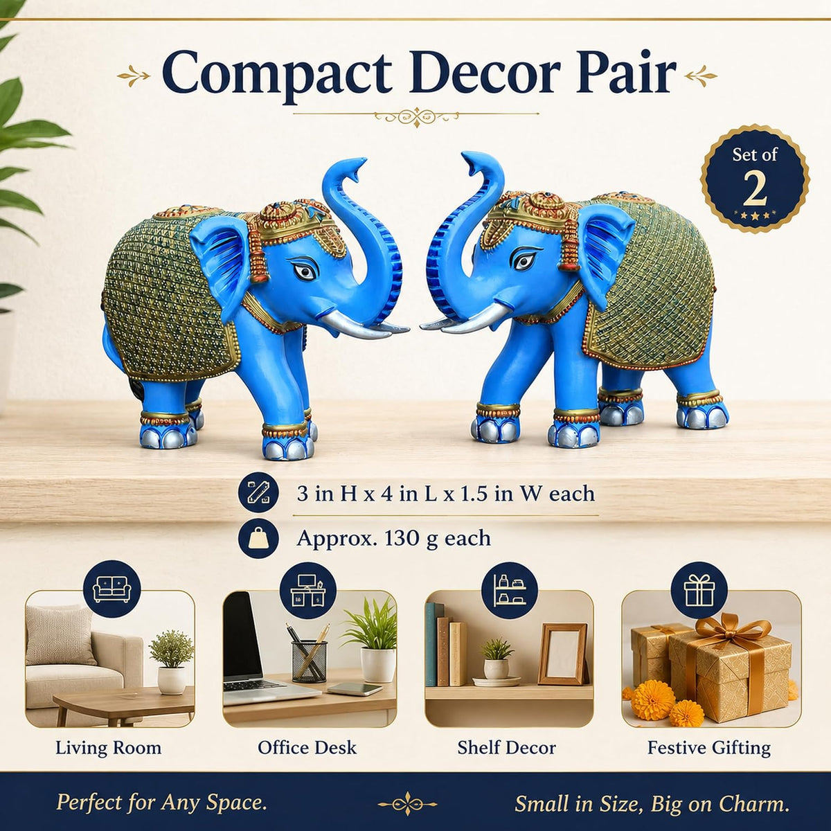 Blue Gold Mini Elephant Showpiece Pair, Car Dashboard, 3 Inch