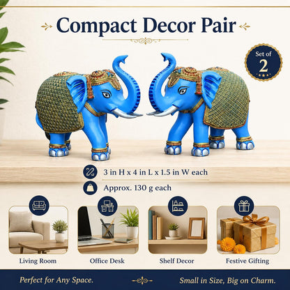 Blue Gold Mini Elephant Showpiece Pair, Car Dashboard, 3 Inch
