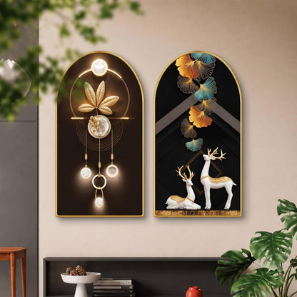 Set of 2 Abstract Wall Painting for Living Room, Deer & Golden Leaf Modern Artwork, PVC Golden Frame, Arch Shape Wall Decor for Bedroom, Hall, Office & Gift (30 x 32 Inch) RPNL-02-110