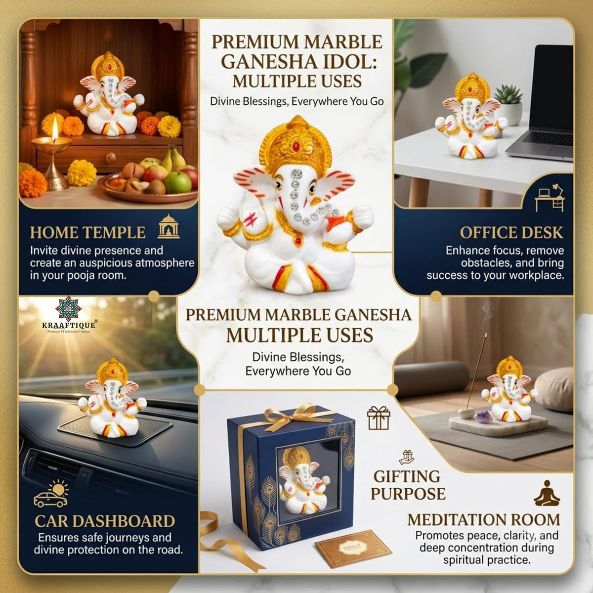 Chaturbhuj Ganpati Idol White Marble Statue, Matte Finish Ganesh Murti for Puja, Mandir, Home Decor, Diwali, Ganesh Chaturthi, Festivals & Gifting
