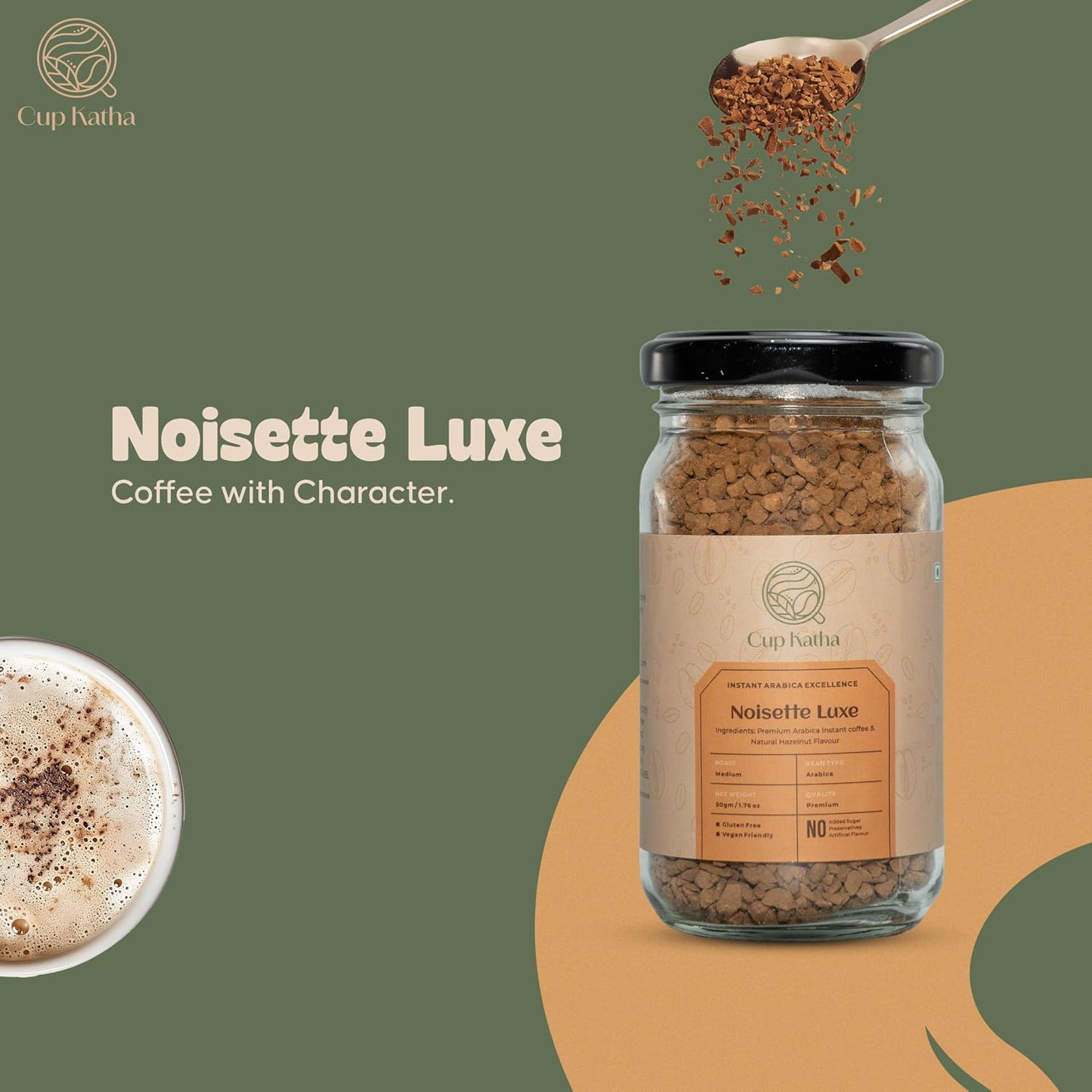 Cup Katha Noisette Luxe Instant Coffee | Freeze-Dried Arabica | Medium Roast | 50 Gram - Glass Jar (Natural Hazelnut)