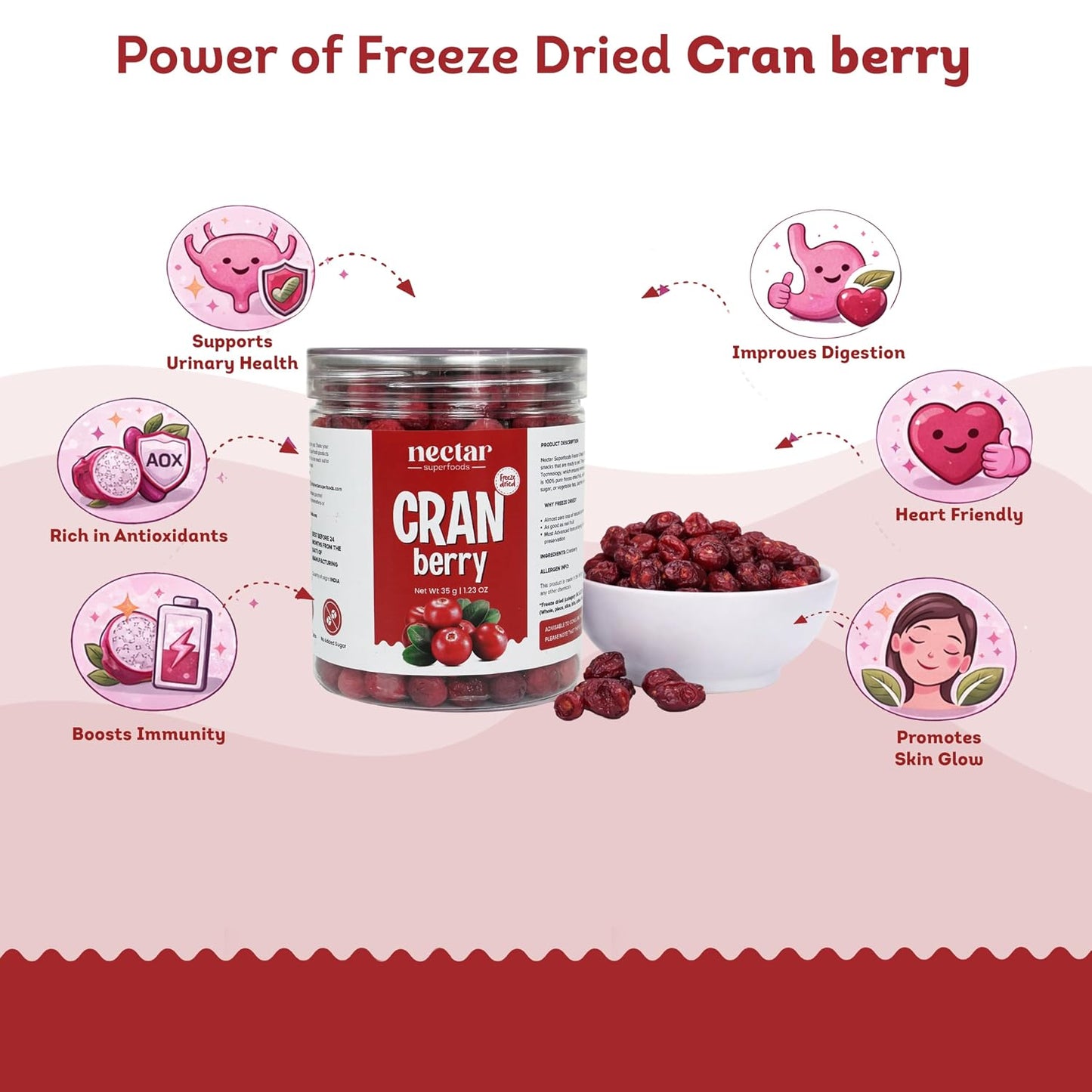 Freeze Dried Cranberry – 35g Jar Pack of 1 | 100% Natural Cranberries | No Added Sugar | Tangy & Crispy Healthy Snack |
