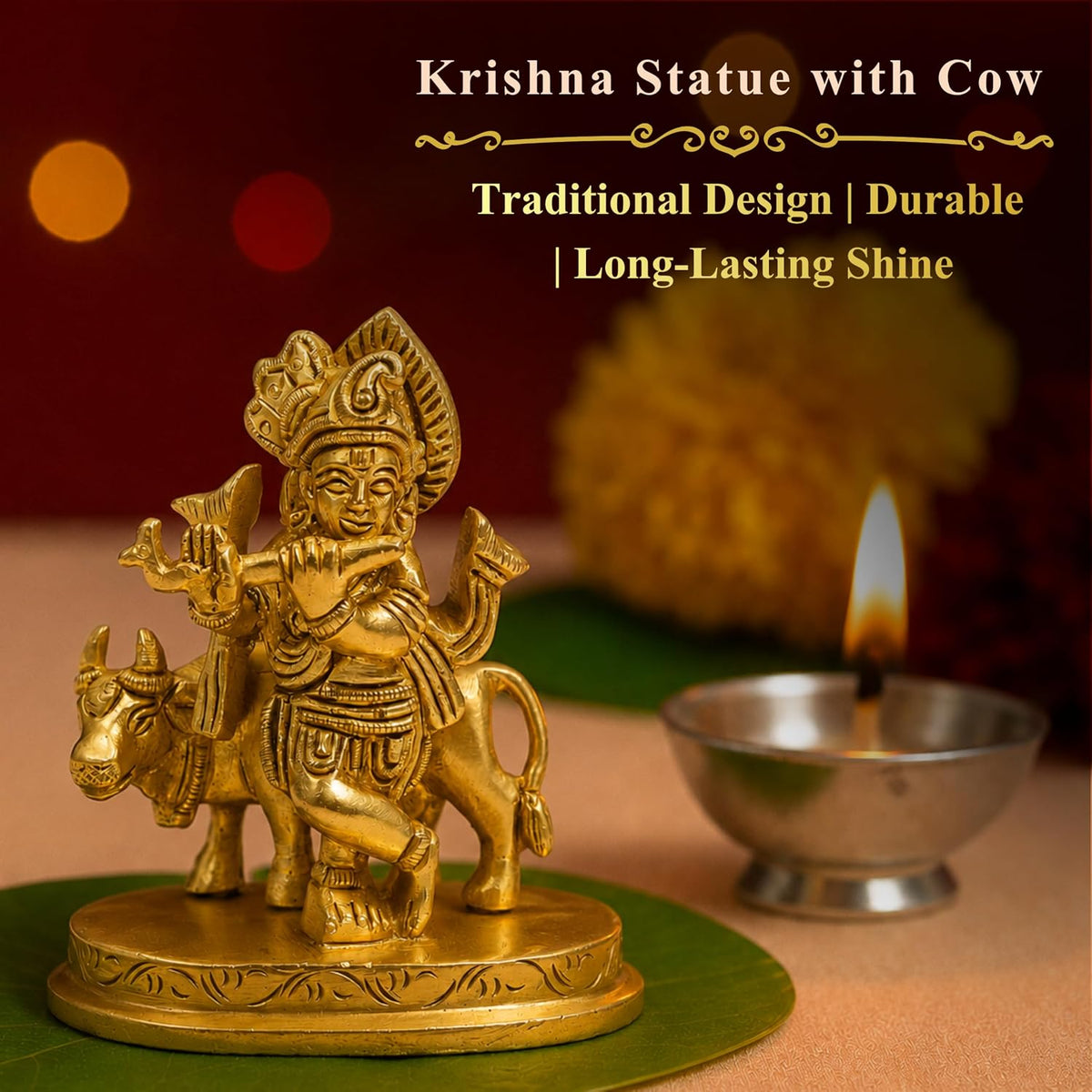 2.5 Inch Pure Brass Krishna Statue with Cow – Handcrafted Idol | Compact Spiritual Murti for Home Temple, Office Table, Puja Room, Festive Decoration & Auspicious Gift