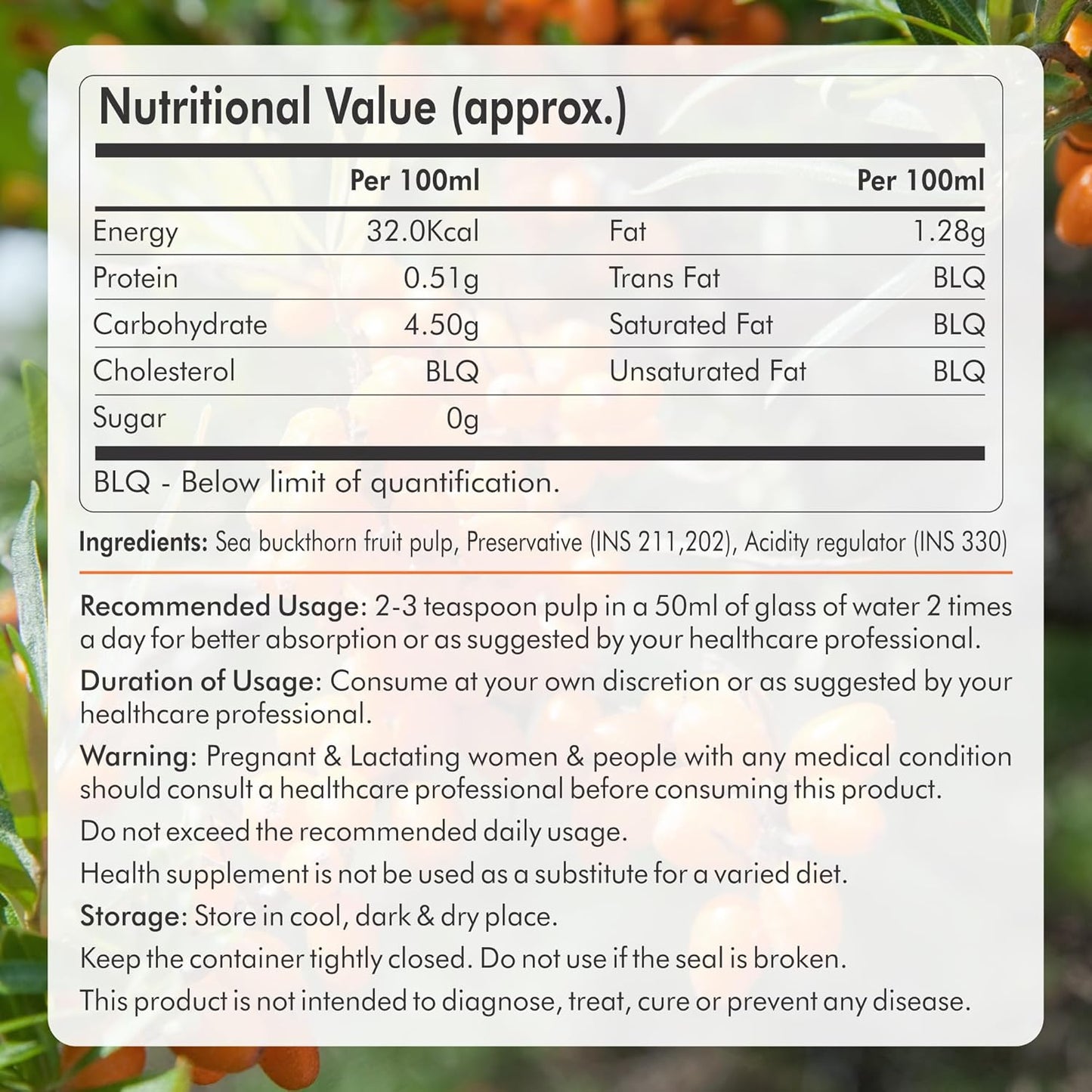 Nutritional value label for a health supplement with ingredients and usage instructions.