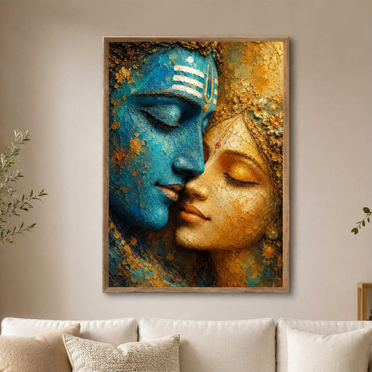Radha Krishna Face Wall Painting for Living Room Bedroom Hall Office Decor, Divine Love Artwork with Sparkle Laminate and Premium Wooden Synthetic Frame (13.5 x 19.5 Inch) NM01-4109