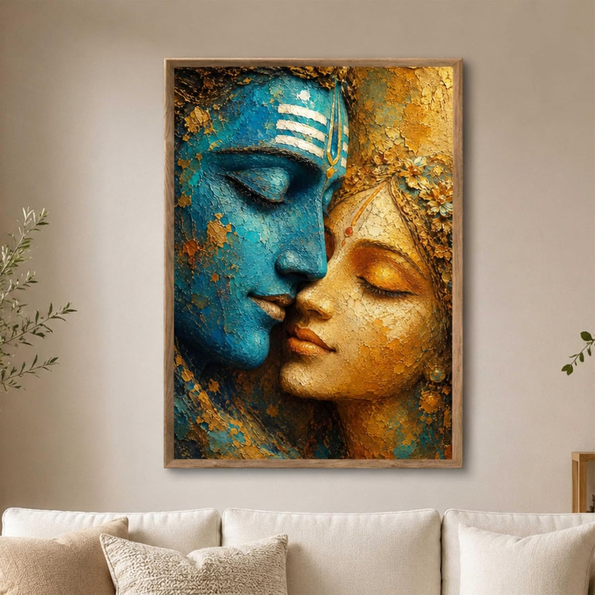 Radha Krishna Face Wall Painting for Living Room Bedroom Hall Office Decor, Divine Love Artwork with Sparkle Laminate and Premium Wooden Synthetic Frame (19.5 x 25.5 Inch) NL01-4109