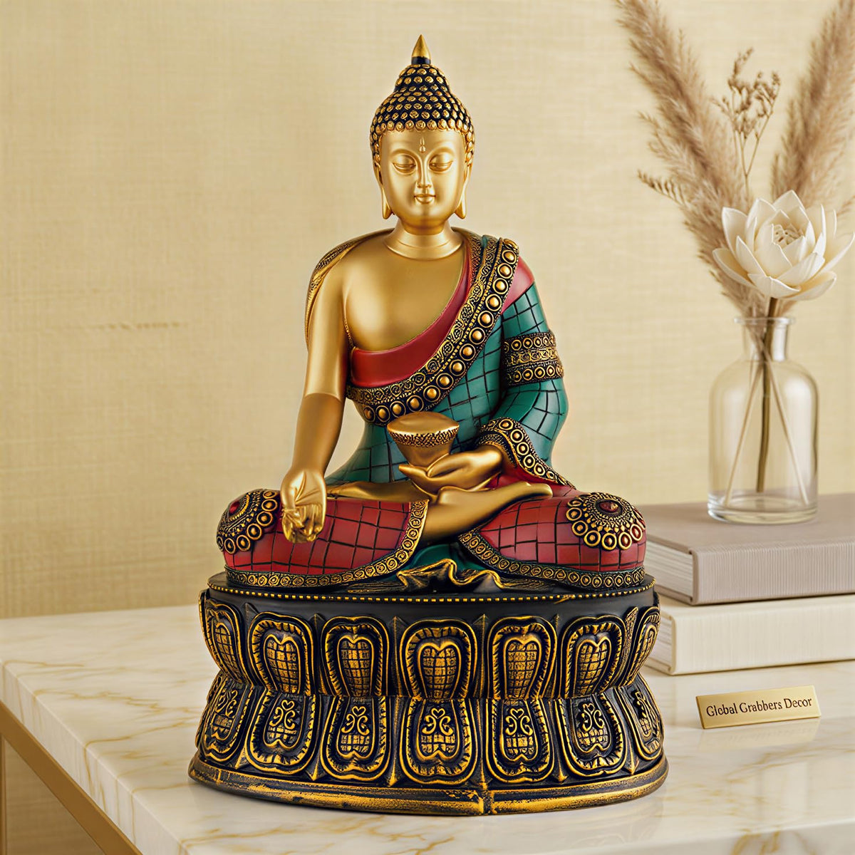 Buddha Statue Showpiece Idol Home Decor Items for Living Room and Gifts (Golden RED Blue)
